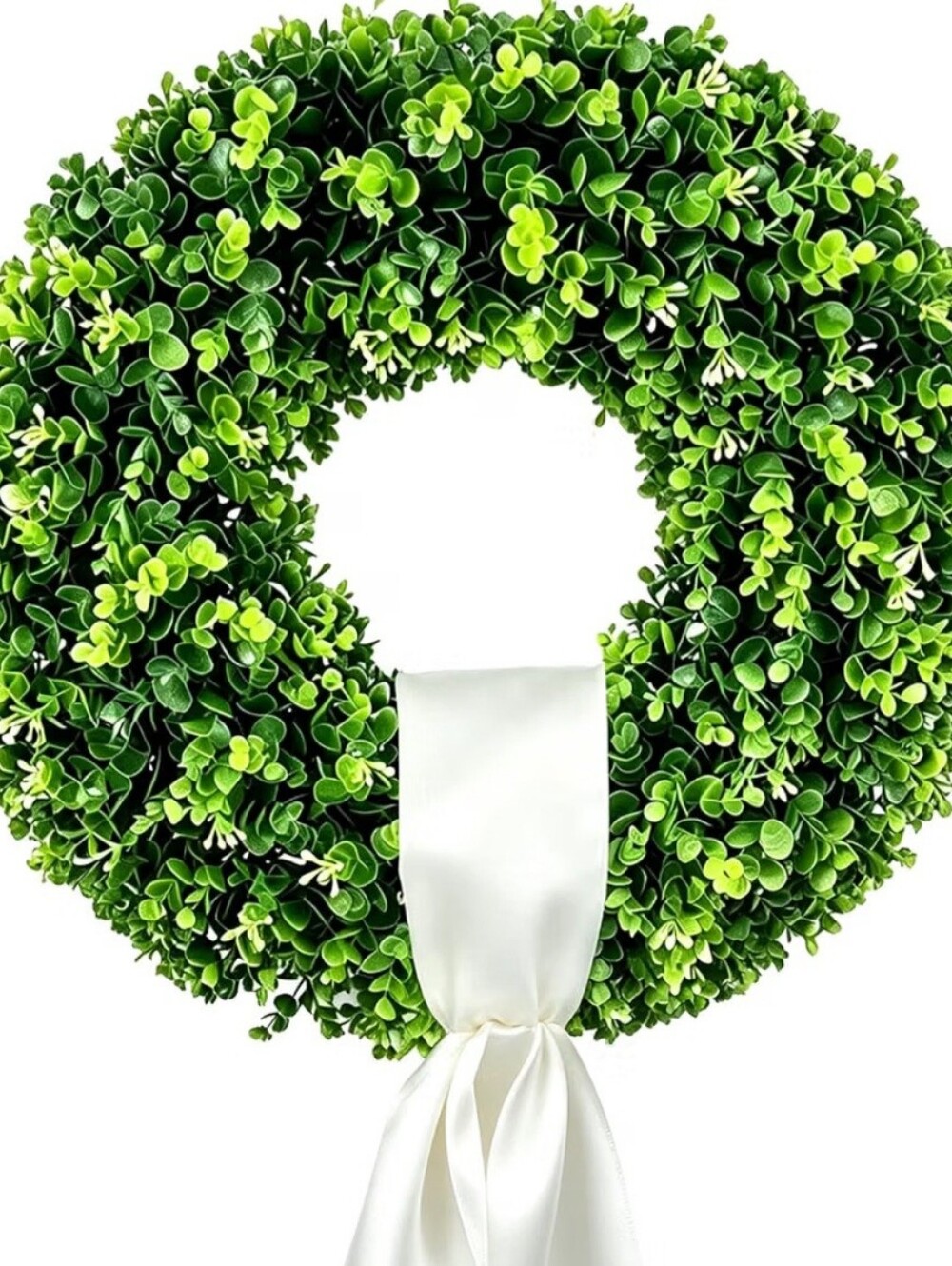 Artificial Boxwood Wreath w/ White Ribbon 17" Indoor Outdoor Decor NIB